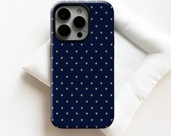 Navy Blue Tiny Beige Hearts Phone Case,Minimal Neutral Love Print,For iPhone 17 16 15 14 13 12 11 Pro Max,Samsung S26 S25 Ultra,Magsafe