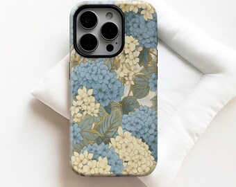 Hydrangea Phone Case,Fresh blue and light yellow hydrangea hand-drawn,For iPhone 17 16 15 14 13 12 11 Pro Max,Samsung S25 S24 Ultra,Magsafe