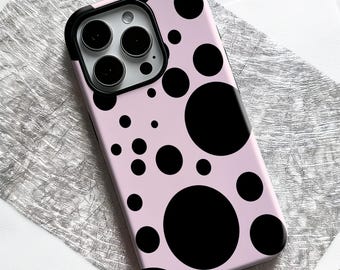 Capa de celular rosa e preta com bolinhas grandes, fofa e moderna, para iPhone 17 16 15 14 13 12 11 Pro, Samsung S24 S23 S22 S21 S20, presente para ela.