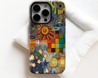 Retro Psychedelic Collage Phone Case: Sun, Moon, Spiral