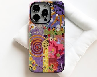 Retro Whimsy Artistic Collage Phone Cases,Ladybug,Flowers,Hearts,Stars,For iphone 17 16 15 14 13 12 11 Pro Max,Samsung S25 S24 Ultra,Magsafe