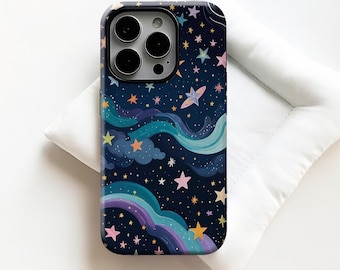 Dreamy hand-drawn starry sky Phone Case,Colorful stars paired with wavy cloud patternst,For iPhone 17 16 15 14 13 12,Samsung S25 S24,Magsafe