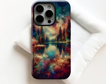 Vibrant Spiral Forest Lake Phone Case,Abstract Impressionist Landscape Art,For iphone 17 16 15 14 13 12 11 Pro Max,Samsung S26 S25 ,Magsafe