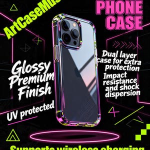 May include: A clear phone case with a glossy, premium finish and UV protection. The case has a dual-layer design for extra protection and impact resistance. The text on the case says "TOUGH PHONE CASE" and "Supports wireless charging (not including MagSafe)".