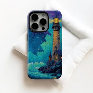 May include: A phone case featuring a vibrant illustration of a lighthouse on a rocky coast under a starry night sky. The design showcases a detailed depiction of the lighthouse with illuminated windows, set against a backdrop of swirling blue and purple clouds and ocean waves.