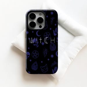 May include: Black phone case with a repeating pattern of purple witch-themed symbols, including stars, moons, skulls, and pentagrams. The word "WITCH" is printed in white. The case is designed to fit a smartphone.