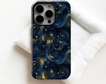 Funda para teléfono con diseño de cielo estrellado y remolino, luna azul, estrellas y nubes, para iPhone 17, 16, 15, 14, 13, 12 y 11 Pro Max, Samsung S25 y S24 Ultra, con Magsafe.