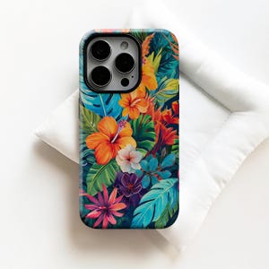トロピカルフローラル柄のスマホケース、ハイビスカス、フランジパニ、モンステラ・デリシオサ、ヤシの葉、iPhone 17 16 15 14 13 12 11 Pro Max、Samsung S26 S25、Magsafe対応