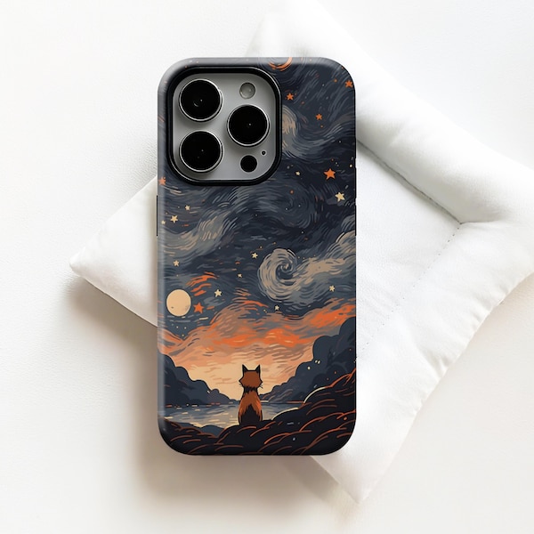 Coque de portable renard nuit étoilée, ciel nocturne tourbillonnant céleste, pour iphone 17 16 15 14 13 12 11 Pro Max, Samsung S25 S24 Ultra, Magsafe