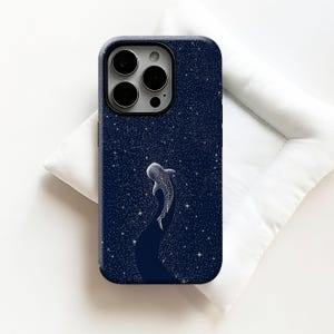 May include: A navy blue phone case featuring a starry night design with a white whale shark illustration. The case has a dark blue border and a camera cutout.