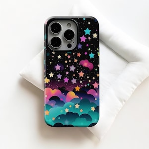 May include: A black phone case with a vibrant starry night design. The case displays a pattern of stars in shades of blue, purple, yellow, and pink, set against a dark backdrop. The bottom of the case features a cloud design.