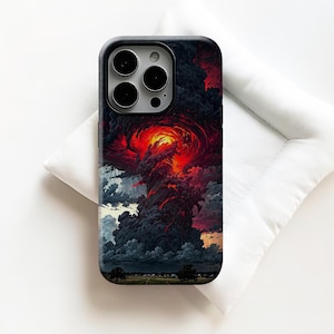 May include: A black phone case featuring a dramatic illustration of a fiery red and orange vortex against a backdrop of dark storm clouds. The design includes a landscape with trees and a distant town.