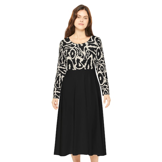 Elegant Long Sleeve Dress: Black & White AOP, Party Dance Outfit
