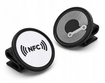Clip NFC NTAG215 de 25 mm, soporte negro con adhesivo, 5 unidades.