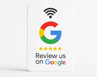 Tarjeta de reseñas de Google con NFC: tarjeta de PVC con la inscripción en inglés "Review us on Google" (Reseñanos en Google).