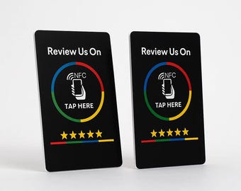 Tarjetas NFC negras "Reseñanos en" de Google Reviews: tarjetas elegantes que animan a los clientes a dejar una reseña.