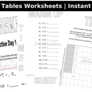 May include: Black and white printable worksheets for learning multiplication tables. The worksheets include practice problems, warm-up exercises, and a grid to help understand the concept of multiplication. The text includes "Fun Times Tables Worksheets | Instant Download".