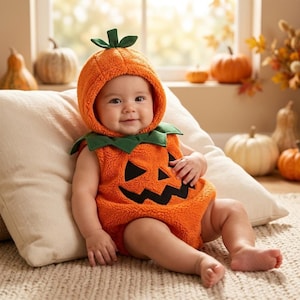 May include: A fuzzy orange pumpkin costume for an infant, featuring a hood with a green stem, a green collar, and a black felt jack-o'-lantern face appliqué on the front. The textured, fleece-like material covers the torso and head.
