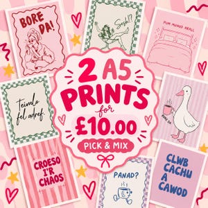 Any 2 for 10.00 - pick & mix (A5 prints only) - illustrated welsh print | welsh wall art | minimalist welsh wall art | unframed