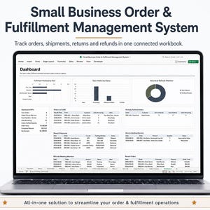 May include: A laptop displaying a Small Business Order & Fulfillment Management System dashboard. The screen shows charts, tables, and data for tracking orders, shipments, returns, and refunds. Icons for real-time dashboard, order analysis, returns, and Excel are visible.