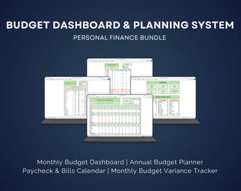 Budget Dashboard & Planning System | Monthly Budget Dashboard | Annual Budget Planner | Paycheck + Bills Calendar | Budget Variance Tracker