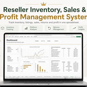 Puede incluir: Una pantalla de portátil que muestra un panel de control para la gestión de inventario, ventas y beneficios. La interfaz incluye gráficos, tablas de inventario y listados, además de datos financieros e iconos de análisis de rendimiento.