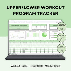 Op de afbeelding: Een laptop met een workoutprogramma-tracker met de tekst "UPPER/LOWER WORKOUT PROGRAM TRACKER". Het scherm toont een spreadsheet met grafieken en gegevens, waaronder "Upper/Lower 4-Day Strength Program". Pictogrammen voor direct downloaden, eenmalige aankoop en Excel-spreadsheet zijn ook zichtbaar.