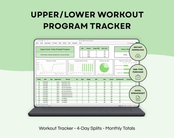 Upper-Lower Split Workout Spreadsheet (4 Day Program) | Smart RPE Tracking, Volume Analysis & Progression Dashboard | Excel Sheet