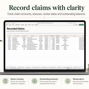 May include: A laptop screen displaying a spreadsheet titled Recorded Claims, featuring columns for claim ID, creditor, category, description, reference, date, and status. The interface includes navigation tabs and text headers for tracking claim amounts.