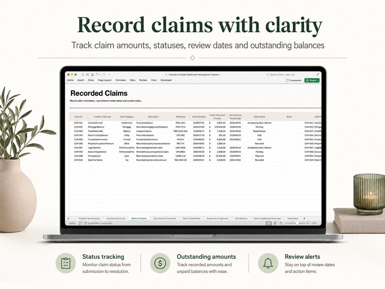 May include: A laptop screen displaying a spreadsheet titled Recorded Claims, featuring columns for claim ID, creditor, category, description, reference, date, and status. The interface includes navigation tabs and text headers for tracking claim amounts.