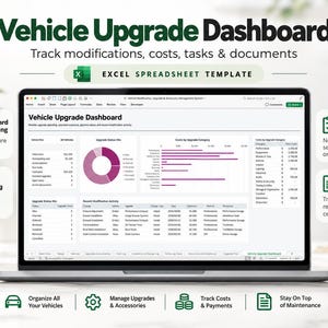 May include: A laptop screen displaying a Vehicle Upgrade Dashboard Excel spreadsheet template. The interface features a pie chart, bar graphs, and tables for tracking vehicle modifications, costs, tasks, and documents with clear headings.