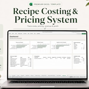 Op de afbeelding: Een laptopscherm met een premium Excel-sjabloon genaamd Recipe Costing & Pricing System. Het dashboard bevat grafieken voor omzet, winst en ingrediëntkosten, met zijpictogrammen voor dashboard, slimme prijsbepaling en winstregistratie.