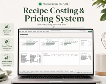 Recipe Costing & Pricing Excel Spreadsheet | Food Business Cost Calculator, Profit Margin, Ingredient Costs, Sales Tracker + Dashboard Tool
