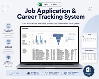 Job Application Tracker Excel Spreadsheet, Career Tracking System, Interview Planner, Follow Up Tracker, Job Offer Comparison Dashboard