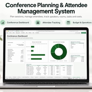 Könnte beinhalten: Ein Laptop mit einem Dashboard für ein Konferenzplanungs- und Teilnehmerverwaltungssystem. Der Bildschirm zeigt Datentabellen, ein Balkendiagramm und ein Ringdiagramm zur Nachverfolgung von Teilnehmern, Sitzungen und Finanzkennzahlen.