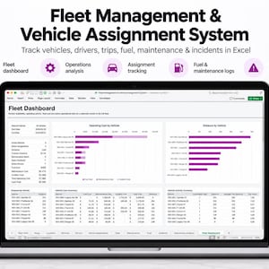 Peut inclure: Un écran d'ordinateur portable affichant un système de gestion de flotte et d'affectation de véhicules dans Excel. Le tableau de bord présente des graphiques de coûts et de distance, ainsi que des tableaux de données sur l'activité.
