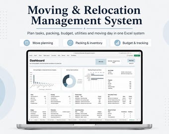 Moving & Relocation Management System Excel Template | Moving Planner, Packing Inventory, Budget, Tasks, Quotes, Utilities Dashboard Tracker