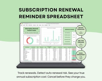 Subscription Renewal Tracker | Car Reminder Dashboard | Cancel Before Renewal | Annual Cost Calculator | Excel Subscription Manager