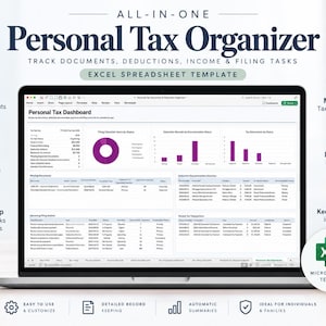 May include: A laptop screen displaying an All-in-One Personal Tax Organizer Excel spreadsheet template. The dashboard features a purple donut chart, bar graphs, and tables for tracking tax documents, income, deductions, and filing tasks.