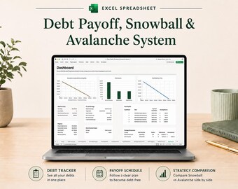 Debt Payoff Spreadsheet, Snowball & Avalanche Calculator, Debt Tracker, Payoff Schedule, Extra Payment Planner, Debt Free Excel Dashboard