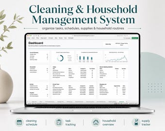 Cleaning & Household Management System Excel Spreadsheet, Cleaning Schedule, Chore Tracker, Cleaning Log, Supplies + Family Home Organizer