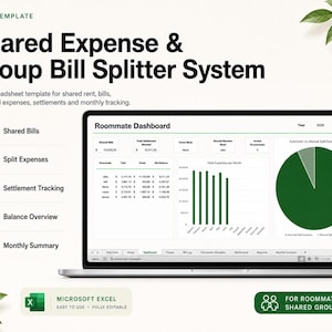 May include: An Excel template for a shared expense and group bill splitter system displayed on a laptop screen. The dashboard features a Roommate Dashboard with tables for shared bills, settlement tracking, and a pie chart for split expenses.