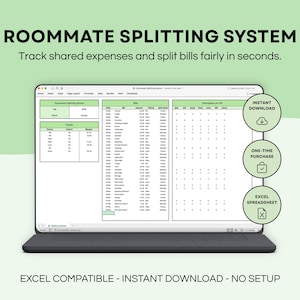 Hoja de cálculo para dividir facturas entre compañeros de piso | Calculadora de facturas divididas | Rastreador de gastos compartidos | Divisor de alquiler y servicios públicos | Plantilla de Excel