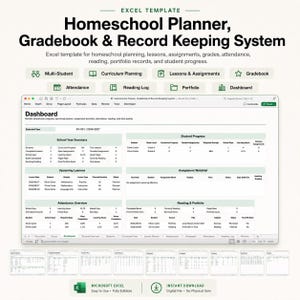 Op de afbeelding: Een Excel-sjabloon voor een thuisonderwijsplanner, cijferlijst en administratiesysteem. De interface toont een dashboard met secties voor het overzicht van het schooljaar, de voortgang van leerlingen en de aanwezigheidsregistratie.