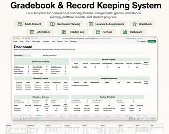 Homeschool Planner, Gradebook & Record Keeping System, Curriculum, Lesson, Assignment, Attendance, Reading Log, Portfolio Excel Template