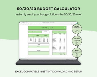 50/30/20 Budget Calculator Spreadsheet | Simple Monthly Budget Planner | Track Needs, Wants & Savings | Excel Sheet