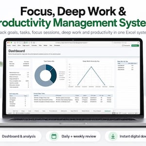 Puede incluir: Una pantalla de portátil que muestra un sistema de gestión de productividad digital con un panel, gráfico circular, gráfico de líneas y una tabla de tareas. El texto dice Focus, Deep Work & Productivity Management System.