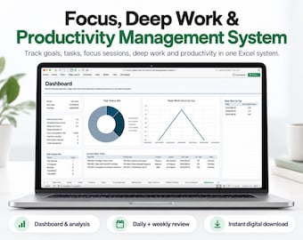 May include: A laptop screen displaying a digital productivity management system with a dashboard, task status pie chart, deep work hours line graph, and a table of open tasks. The text reads Focus, Deep Work & Productivity Management System.