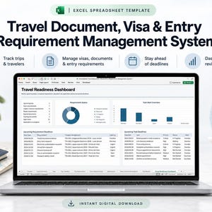 International Travel Document & Visa Tracker Excel | Entry Requirements, Passport Expiry, Application Deadlines and Trip Compliance System