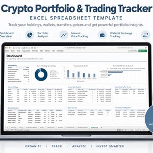 May include: A laptop screen displaying a Crypto Portfolio & Trading Tracker Excel spreadsheet template. The dashboard features various data tables, a pie chart, and bar graphs for tracking holdings, wallets, transactions, and market values.